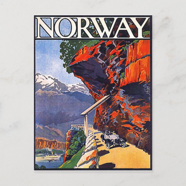 Norge, gammal timerbil på bergsvägen vykort (Framsida)
