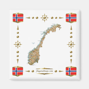 Norge Karta + Flaggor Magnet