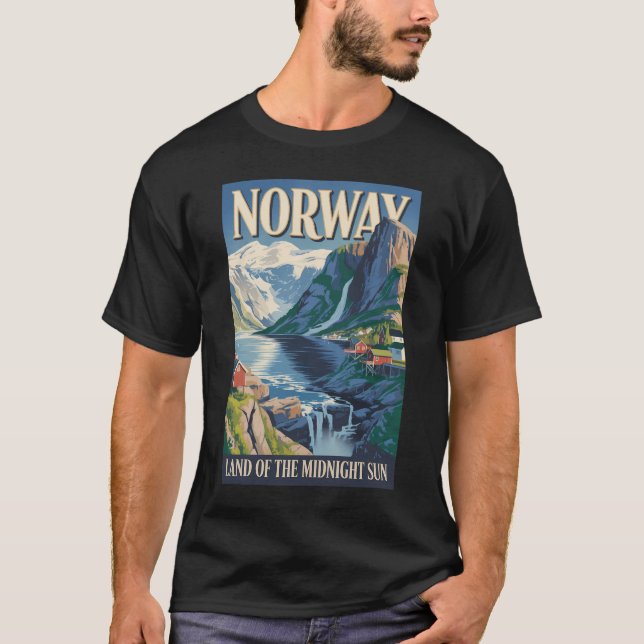 Norge Landskapsillustration Resa Konst Vintage T Shirt (Framsida)