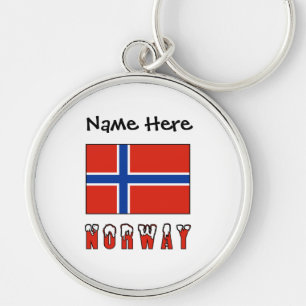 Norge och norsk flagga personlig rund silverfärgad nyckelring