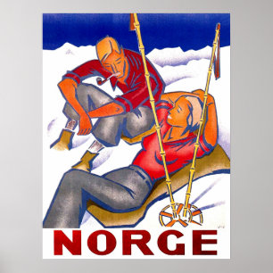 Norge, par på vintern helgdag, skidor, vintage poster