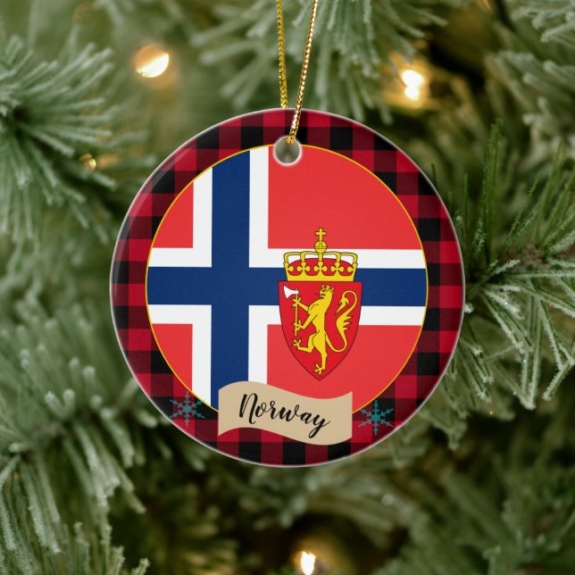 Norge, rödbuffel plaid och norsk Flagga Julgransprydnad Keramik (Träd)
