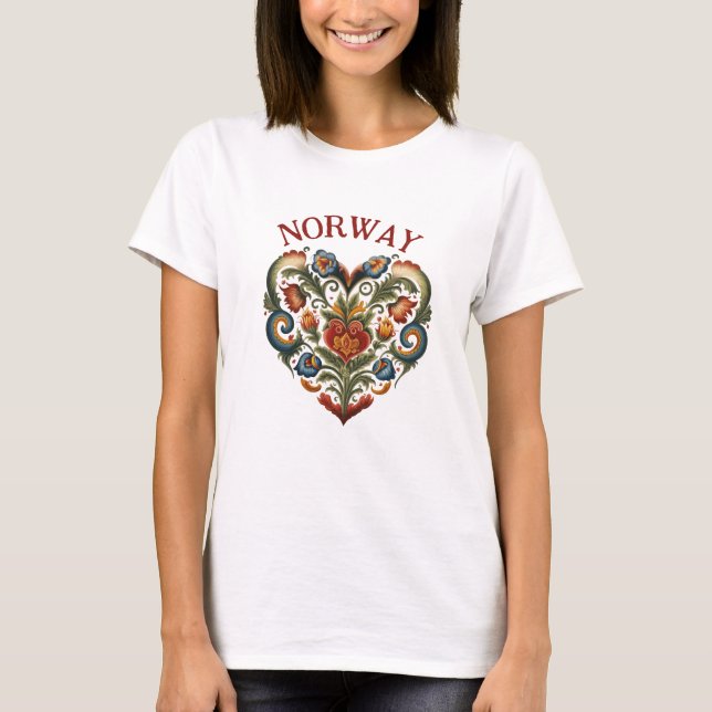 Norge Rosemaling Folk Heart T Shirt (Framsida)