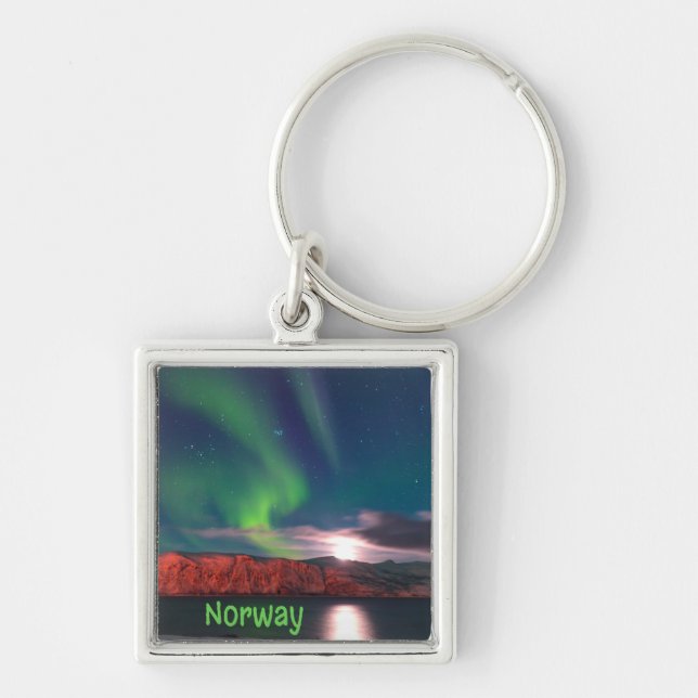 Norge Scandinavian Northern Ljus Red Cliffs Fyrkantig Silverfärgad Nyckelring (Framsidan)
