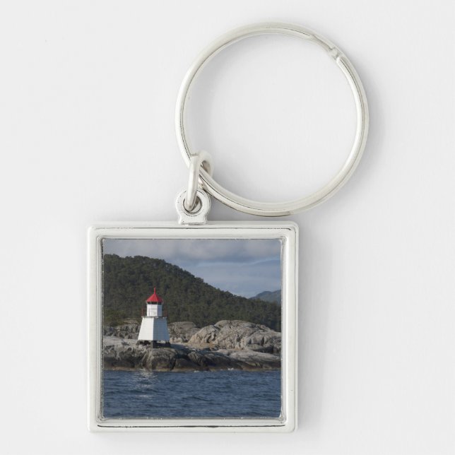 Norge, Stavanger. Vy längs Lysefjord. Fyrkantig Silverfärgad Nyckelring (Framsidan)