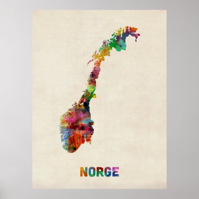 Norge Watercolor Karta Poster (Framsidan)