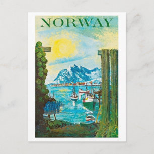 Norges sol, båtar på kusten, berg, vintage vykort