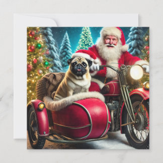 Norman T Pug med tomte och sidovagn Julkort