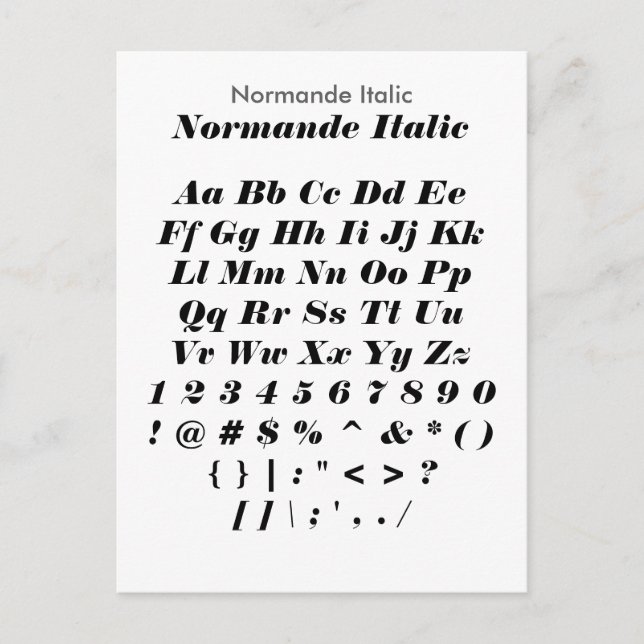 Normandie Italic - Zazzle Font Sampler Lakan Vykort (Framsida)