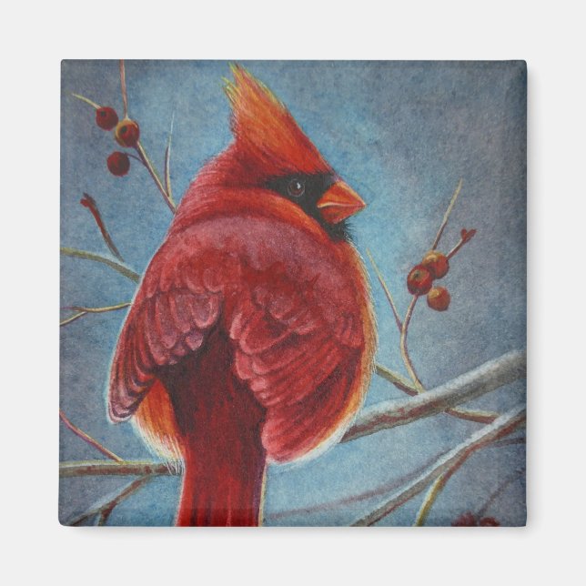 Norra kardinalrött fågel Berries Watercolor Art Magnet (Framsidan)
