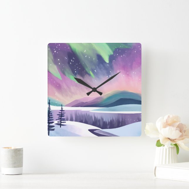 Norra Ljus, färggivande vinternatt | Vattenfärg Fyrkantig Klocka (Hem)
