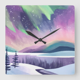 Norra Ljus, färggivande vinternatt | Vattenfärg Fyrkantig Klocka