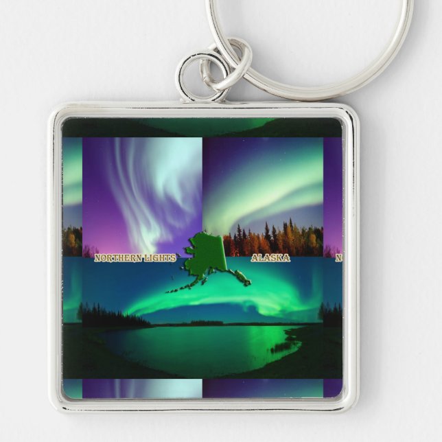 Norra Ljus i Alaska Collage Fyrkantig Silverfärgad Nyckelring (Framsidan)