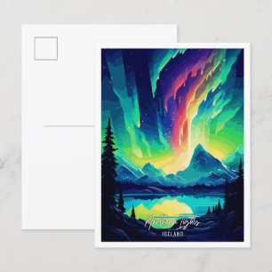 Norra Ljus Islandet Art Travel Illustration Vykort
