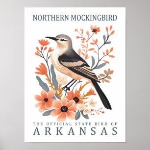Norra Mockingbird Bird of Arkansas USA Travel Poster