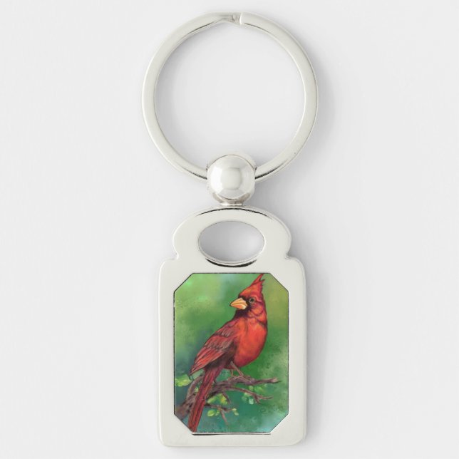 Norra röda kardinal Bird Keychain Rektangulärt Silverfärgad Nyckelring (Framsidan)