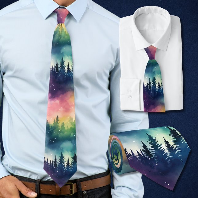 Norrljus Pastellfärgade Tallar Slips (This northern lights tie with its pastel skies and pines is perfect for the holidays and winter time)