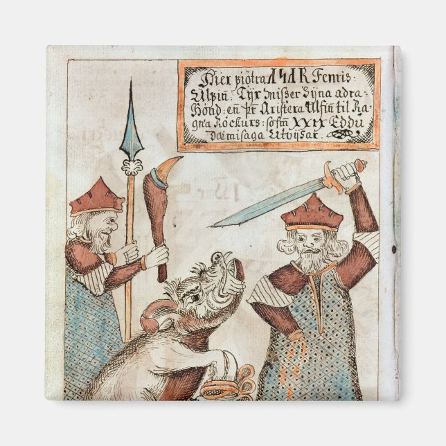 Norse gud Tyr tappar handen till bunden varg Magnet (Framsidan)