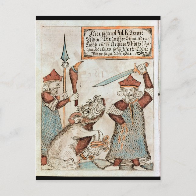 Norse gud Tyr tappar handen till bunden varg Vykort (Framsida)