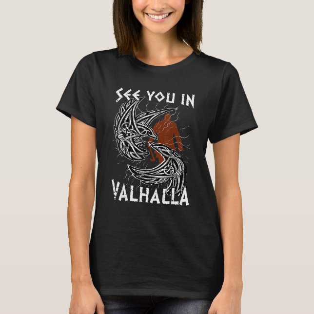 Norse Mythology Odin's Raven ser dig i Valhalla V T Shirt (Framsida)