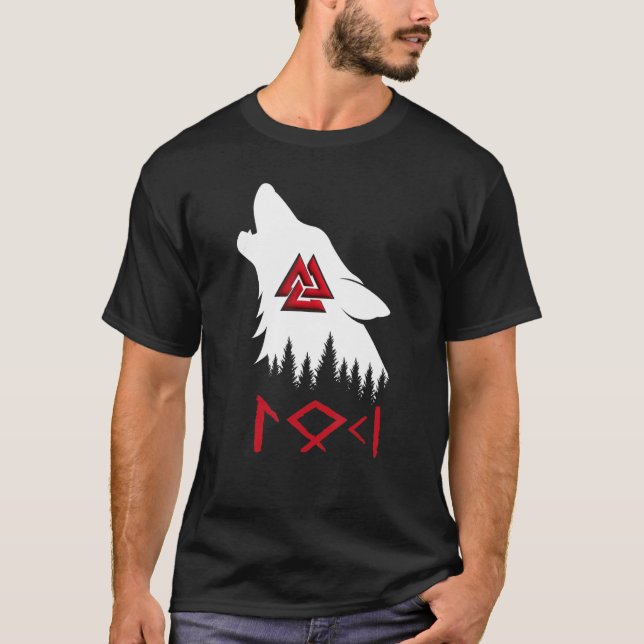 Norse Mythology Varg Valknut Rune Circle Viking T Shirt (Framsida)