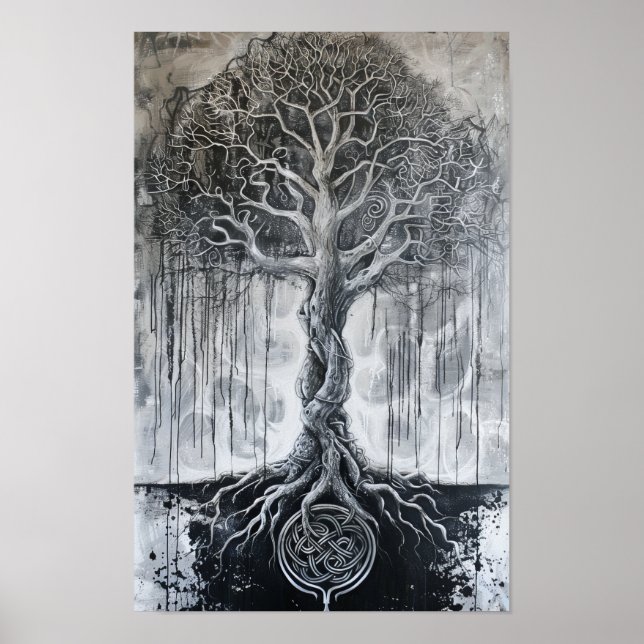 Norse Mythology Yggdrasil Traditional Black Art Po Poster (Framsidan)