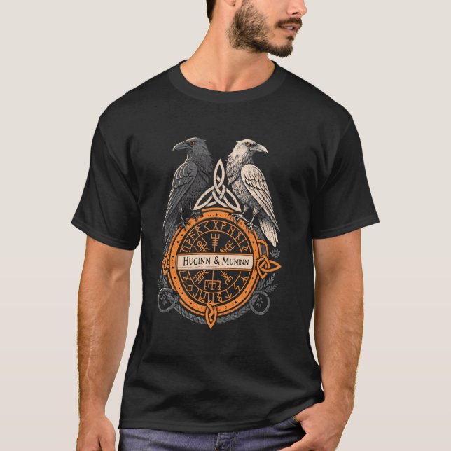 Norse Raven Huginn och Muninn Celtic Vegvisir Viki T Shirt (Framsida)