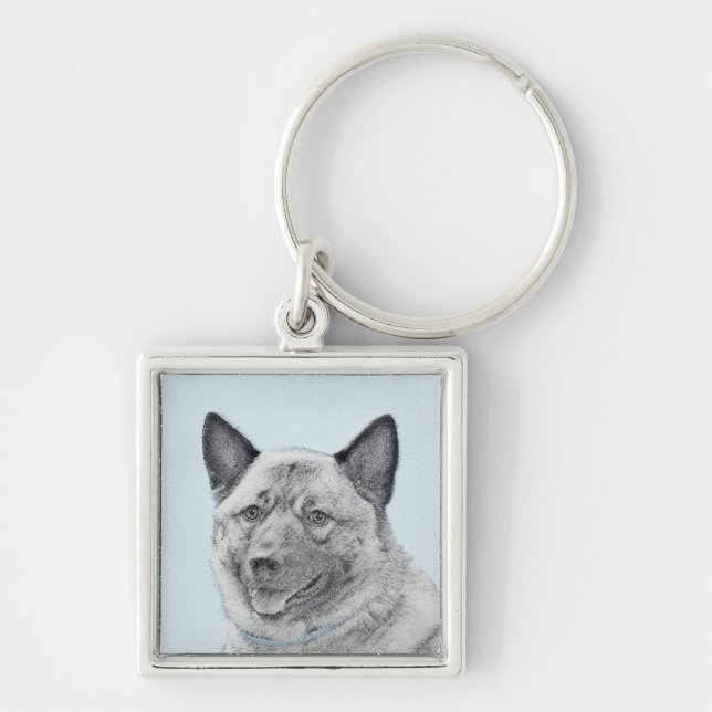Norsk Elkhound-målning - Original Hund Art Fyrkantig Silverfärgad Nyckelring (Framsidan)