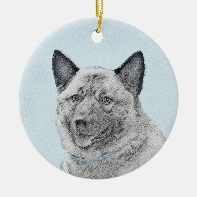 Norsk Elkhound-målning - Original Hund Art Julgransprydnad Keramik (Framsidan)