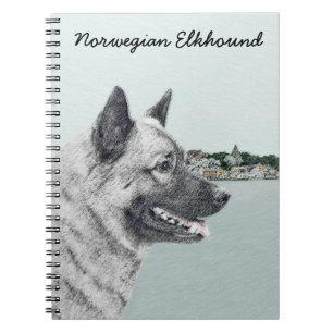 Norsk Elkhound vid Village Painting - Hund Art Anteckningsbok