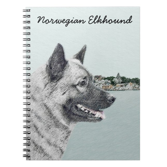 Norsk Elkhound vid Village Painting - Hund Art Anteckningsbok (Framsidan)