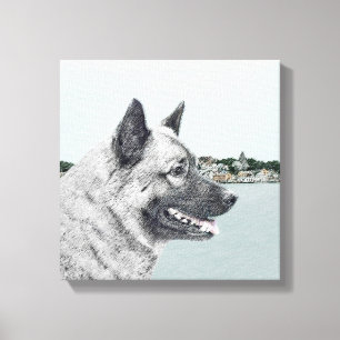 Norsk Elkhound vid Village Painting - Hund Art Canvastryck