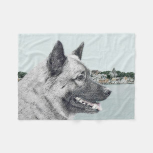 Norsk Elkhound vid Village Painting - Hund Art Fleecefilt