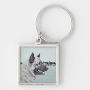 Norsk Elkhound vid Village Painting - Hund Art Fyrkantig Silverfärgad Nyckelring