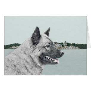 Norsk Elkhound vid Village Painting - Hund Art Hälsningskort