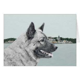 Norsk Elkhound vid Village Painting - Hund Art Hälsningskort