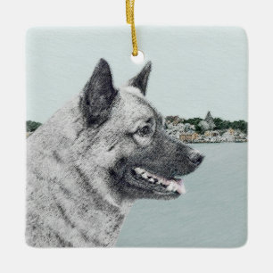 Norsk Elkhound vid Village Painting - Hund Art Julgransprydnad Keramik