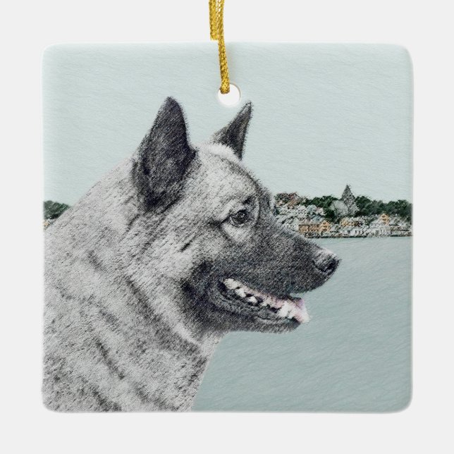 Norsk Elkhound vid Village Painting - Hund Art Julgransprydnad Keramik (Framsida)