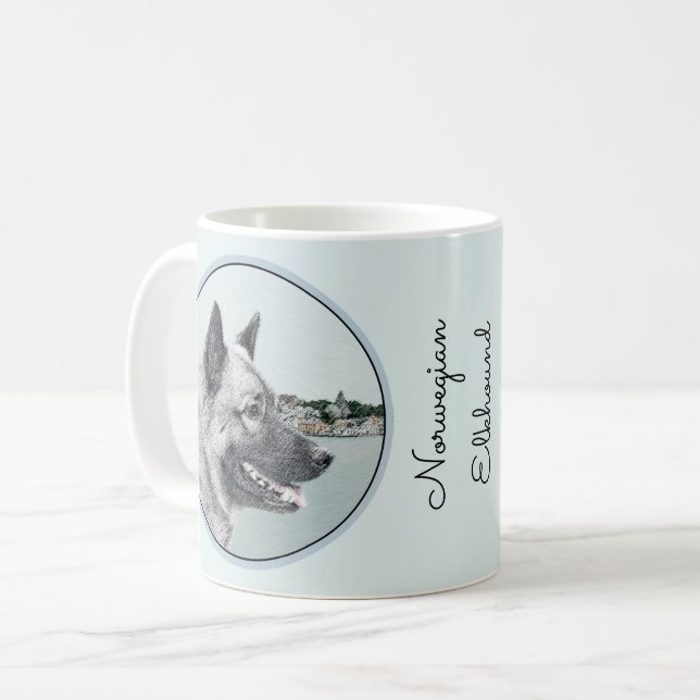 Norsk Elkhound vid Village Painting - Hund Art Kaffemugg (Framsida vänster)
