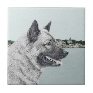 Norsk Elkhound vid Village Painting - Hund Art Kakelplatta
