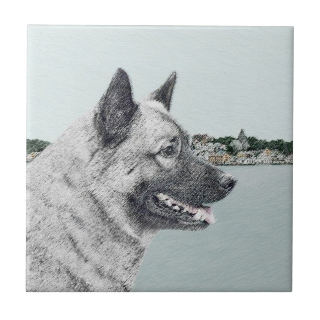 Norsk Elkhound vid Village Painting - Hund Art Kakelplatta (Framsidan)
