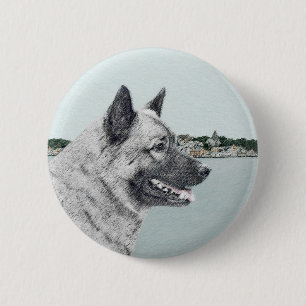 Norsk Elkhound vid Village Painting - Hund Art Knapp
