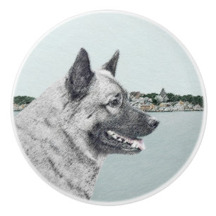 Norsk Elkhound vid Village Painting - Hund Art Knopp