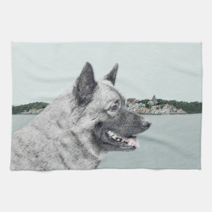 Norsk Elkhound vid Village Painting - Hund Art Kökshandduk