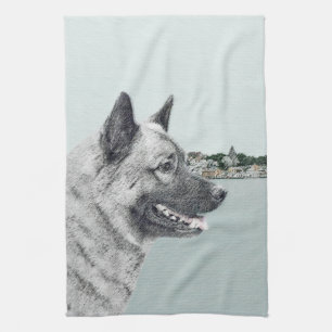 Norsk Elkhound vid Village Painting - Hund Art Kökshandduk