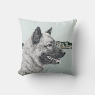 Norsk Elkhound vid Village Painting - Hund Art Kudde