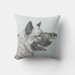 Norsk Elkhound vid Village Painting - Hund Art Kudde