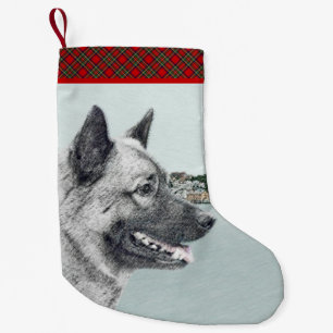 Norsk Elkhound vid Village Painting - Hund Art Liten Julstrumpa