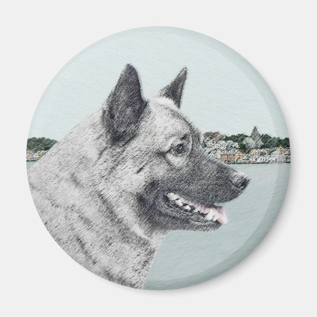 Norsk Elkhound vid Village Painting - Hund Art Magnet (Framsidan)