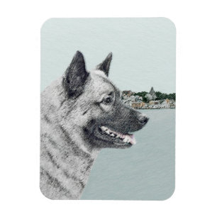 Norsk Elkhound vid Village Painting - Hund Art Magnet